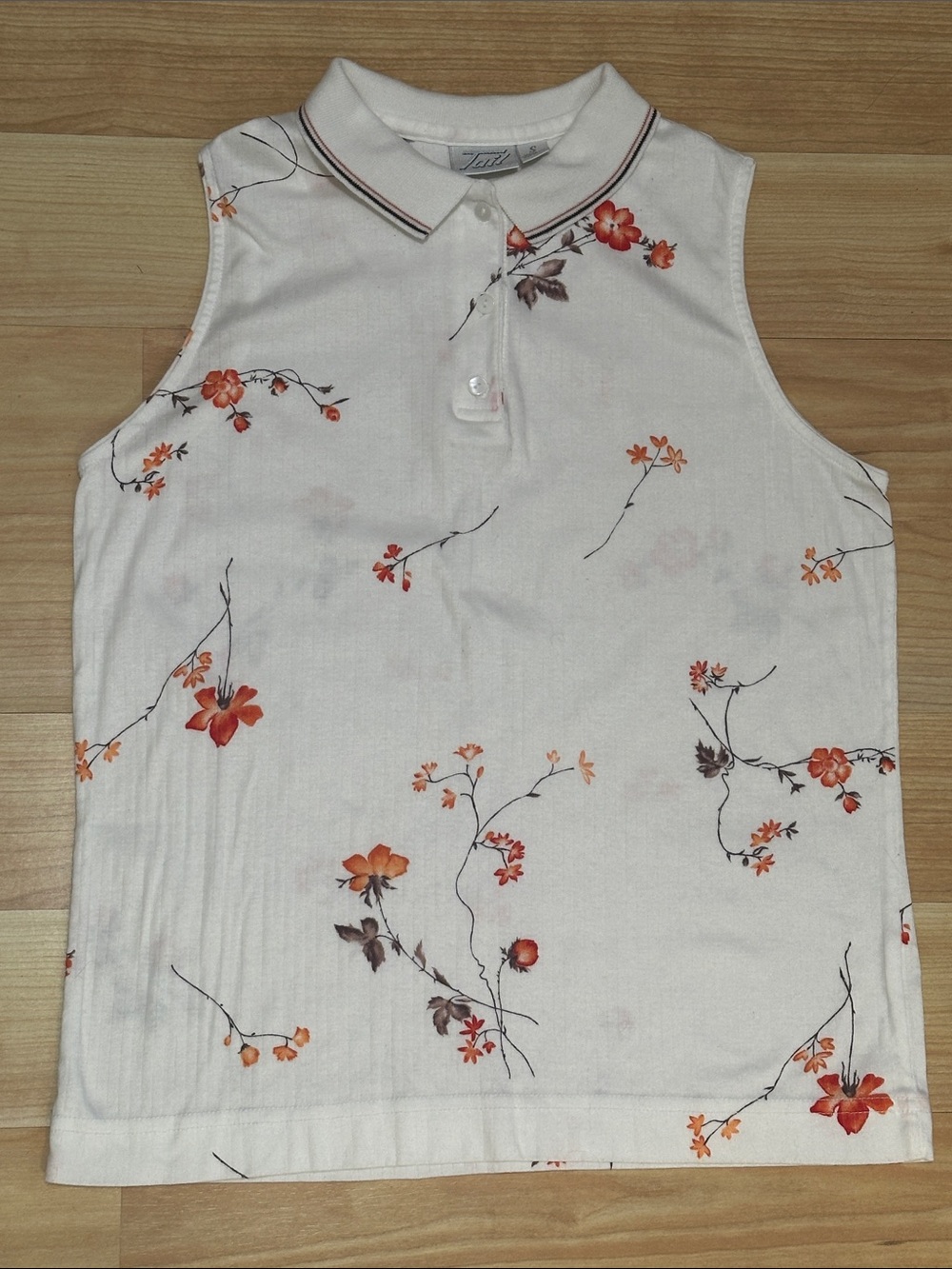 Vintage Tail White & Orange Floral Sleeveless Polo Top - Size Small